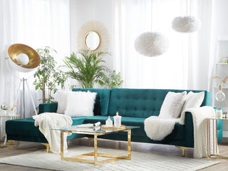 Corner Sofa Bed Teal Velvet Tufted Fabric Modern L-Shaped Modular 4 Seater Right Hand Chaise Longue Beliani