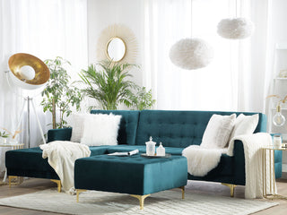 Corner Sofa Bed Teal Velvet Tufted Fabric Modern L-Shaped Modular 4 Seater with Ottoman Right Hand Chaise Longue Beliani - 148044