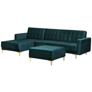 Corner Sofa Bed Teal Velvet Tufted Fabric Modern L-Shaped Modular 4 Seater with Ottoman Right Hand Chaise Longue Beliani - 148044