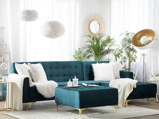 Corner Sofa Bed Teal Velvet Tufted Fabric Modern L-Shaped Modular 4 Seater with Ottoman Left Hand Chaise Longue Beliani
