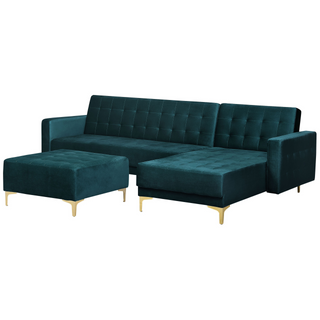Corner Sofa Bed Teal Velvet Tufted Fabric Modern L-Shaped Modular 4 Seater with Ottoman Left Hand Chaise Longue Beliani