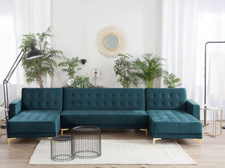 Corner Sofa Bed Teal Velvet Tufted Fabric Modern U-Shaped Modular 5 Seater with Chaise Lounges Beliani
