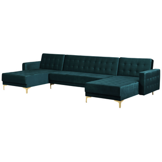 Corner Sofa Bed Teal Velvet Tufted Fabric Modern U-Shaped Modular 5 Seater with Chaise Lounges Beliani
