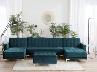 Corner Sofa Bed Teal Velvet Tufted Fabric Modern U-Shaped Modular 5 Seater with Ottoman Chaise Lounges Beliani