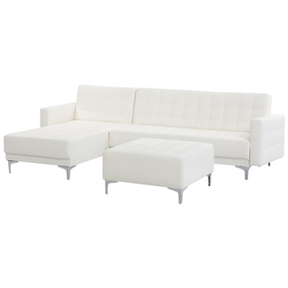 Corner Sofa Bed White Faux Leather Tufted Modern L-Shaped Modular 4 Seater with Ottoman Right Hand Chaise Longue Beliani