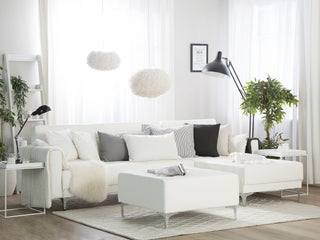 Corner Sofa Bed White Faux Leather Tufted Modern L-Shaped Modular 4 Seater with Ottoman Left Hand Chaise Longue Beliani