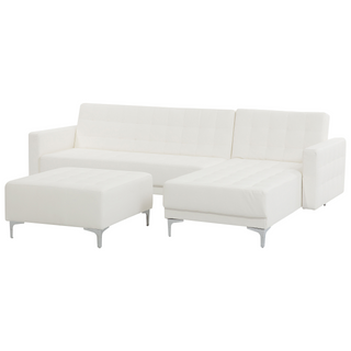 Corner Sofa Bed White Faux Leather Tufted Modern L-Shaped Modular 4 Seater with Ottoman Left Hand Chaise Longue Beliani