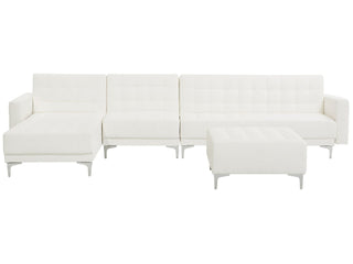 Corner Sofa Bed White Faux Leather Tufted Modern L-Shaped Modular 5 Seater with Ottoman Right Hand Chaise Longue Beliani - Sofa In Store