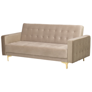 Sofa Bed Beige Velvet Tufted Fabric Modern Living Room Modular 3 Seater Gold Legs Track Arm Beliani - Sofa In Store