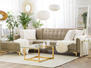 Corner Sofa Bed Beige Velvet Tufted Fabric Modern L-Shaped Modular 4 Seater Right Hand with Ottoman Chaise Longue Beliani