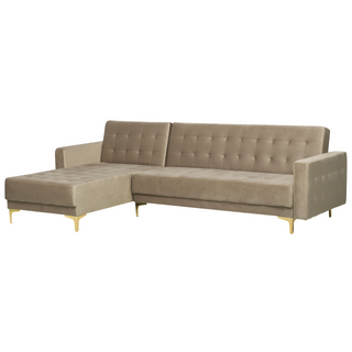Corner Sofa Bed Beige Velvet Tufted Fabric Modern L-Shaped Modular 4 Seater Right Hand with Ottoman Chaise Longue Beliani