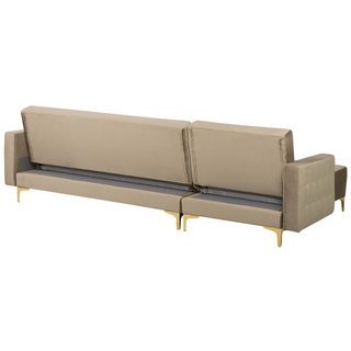 Corner Sofa Bed Beige Velvet Tufted Fabric Modern L-Shaped Modular 4 Seater Right Hand with Ottoman Chaise Longue Beliani