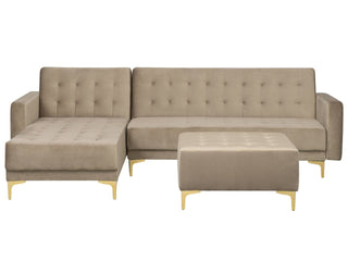 Corner Sofa Bed Beige Velvet Tufted Fabric Modern L-Shaped Modular 4 Seater with Ottoman Right Hand Chaise Longue Beliani - Sofa In Store