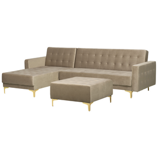 Corner Sofa Bed Beige Velvet Tufted Fabric Modern L-Shaped Modular 4 Seater with Ottoman Right Hand Chaise Longue Beliani - Sofa In Store