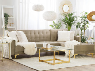 Corner Sofa Bed Beige Velvet Tufted Fabric Modern L-Shaped Modular 4 Seater Left Hand Chaise Longue Beliani