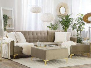 Corner Sofa Bed Beige Velvet Tufted Fabric Modern L-Shaped Modular 4 Seater with Ottoman Left Hand Chaise Longue Beliani - Sofa In Store