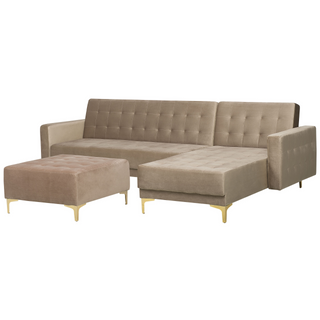 Corner Sofa Bed Beige Velvet Tufted Fabric Modern L-Shaped Modular 4 Seater with Ottoman Left Hand Chaise Longue Beliani - Sofa In Store