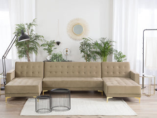 Corner Sofa Bed Beige Velvet Tufted Fabric Modern U-Shaped Modular 5 Seater with Chaise Lounges Beliani - Sofa In Store