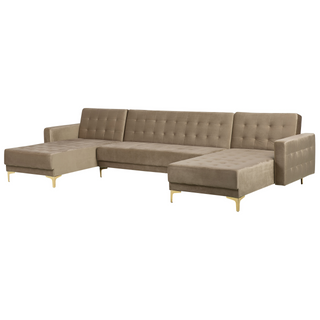 Corner Sofa Bed Beige Velvet Tufted Fabric Modern U-Shaped Modular 5 Seater with Chaise Lounges Beliani - Sofa In Store