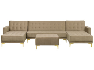 Corner Sofa Bed Beige Velvet Tufted Fabric Modern U-Shaped Modular 5 Seater with Ottoman Chaise Lounges Beliani - Sofa In Store