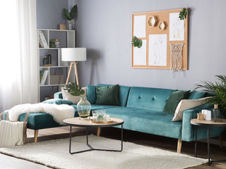 Corner Sofa Bed with 3 Pillows Green Velvet Upholstery Light Wood Legs Reclining Right Hand Chaise Longue 4 Seater Beliani