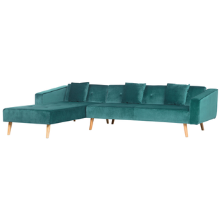 Corner Sofa Bed with 3 Pillows Green Velvet Upholstery Light Wood Legs Reclining Right Hand Chaise Longue 4 Seater Beliani