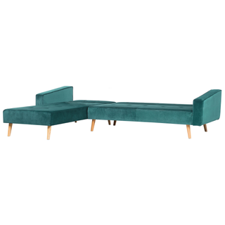 Corner Sofa Bed with 3 Pillows Green Velvet Upholstery Light Wood Legs Reclining Right Hand Chaise Longue 4 Seater Beliani