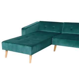 Corner Sofa Bed with 3 Pillows Green Velvet Upholstery Light Wood Legs Reclining Right Hand Chaise Longue 4 Seater Beliani