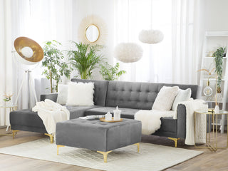 Corner Sofa Bed Grey Velvet Tufted Fabric Modern L-Shaped Modular 4 Seater with Ottoman Right Hand Chaise Longue Beliani