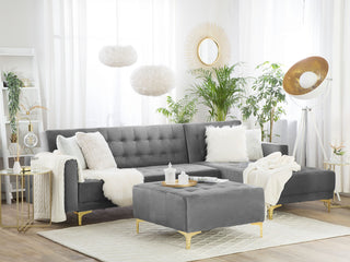 Corner Sofa Bed Grey Velvet Tufted Fabric Modern L-Shaped Modular 4 Seater with Ottoman Left Hand Chaise Longue Beliani