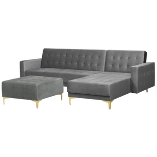 Corner Sofa Bed Grey Velvet Tufted Fabric Modern L-Shaped Modular 4 Seater with Ottoman Left Hand Chaise Longue Beliani