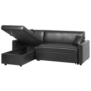 Corner Sofa Bed Black Faux Leather 3 Seater Right Hand Orientation with Storage Beliani