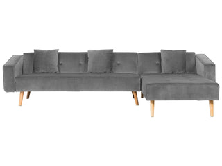 Corner Sofa Bed with 3 Pillows Grey Velvet Upholstery Light Wood Legs Reclining Left Hand Chaise Longue 4 Seater Beliani - Sofa In Store