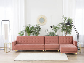 Corner Sofa Bed Pink Velvet Tufted Fabric Modern L-Shaped Modular 5 Seater Left Hand Chaise Longue Beliani - 167411