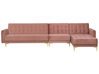 Corner Sofa Bed Pink Velvet Tufted Fabric Modern L-Shaped Modular 5 Seater Left Hand Chaise Longue Beliani - 167411