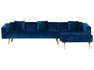 Corner Sofa Bed with 3 Pillows Blue Velvet Upholstery Light Wood Legs Reclining Left Hand Chaise Longue 4 Seater Beliani - Sofa In Store
