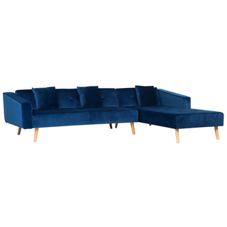 Corner Sofa Bed with 3 Pillows Blue Velvet Upholstery Light Wood Legs Reclining Left Hand Chaise Longue 4 Seater Beliani - Sofa In Store
