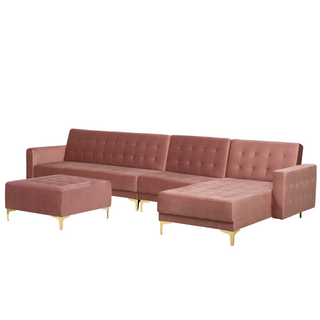 Corner Sofa Bed Pink Velvet Tufted Fabric Modern L-Shaped Modular 5 Seater with Ottoman Left Hand Chaise Longue Beliani - Sofa In Store