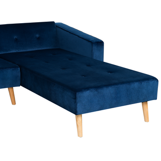 Corner Sofa Bed with 3 Pillows Blue Velvet Upholstery Light Wood Legs Reclining Left Hand Chaise Longue 4 Seater Beliani - Sofa In Store
