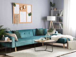 Corner Sofa Bed with 3 Pillows Green Velvet Upholstery Light Wood Legs Reclining Left Hand Chaise Longue 4 Seater Beliani