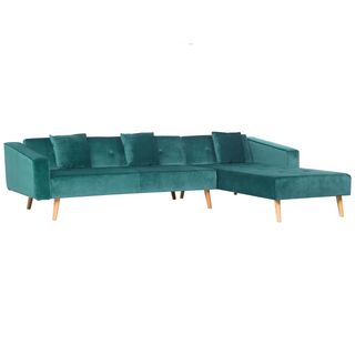 Corner Sofa Bed with 3 Pillows Green Velvet Upholstery Light Wood Legs Reclining Left Hand Chaise Longue 4 Seater Beliani