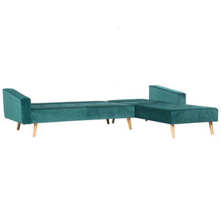 Corner Sofa Bed with 3 Pillows Green Velvet Upholstery Light Wood Legs Reclining Left Hand Chaise Longue 4 Seater Beliani