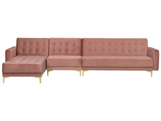 Corner Sofa Bed Pink Velvet Tufted Fabric Modern L-Shaped Modular 5 Seater Left Hand Chaise Longue Beliani - 167405