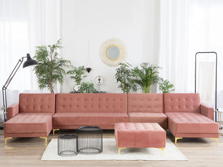 Corner Sofa Bed Pink Velvet Tufted Fabric Modern U-Shaped Modular 6 Seater with Ottoman Chaise Lounges Beliani