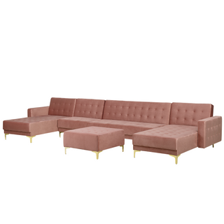 Corner Sofa Bed Pink Velvet Tufted Fabric Modern U-Shaped Modular 6 Seater with Ottoman Chaise Lounges Beliani