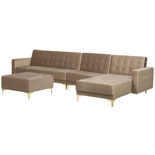 Corner Sofa Bed Beige Velvet Tufted Fabric Modern L-Shaped Modular 5 Seater with Ottoman Left Hand Chaise Longue Beliani - Sofa In Store