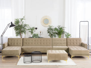 Corner Sofa Bed Beige Velvet Tufted Fabric Modern U-Shaped Modular 6 Seater with Ottoman Chaise Lounges Beliani - Sofa In Store