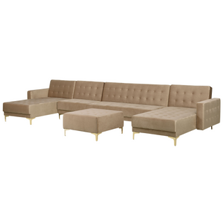 Corner Sofa Bed Beige Velvet Tufted Fabric Modern U-Shaped Modular 6 Seater with Ottoman Chaise Lounges Beliani - Sofa In Store