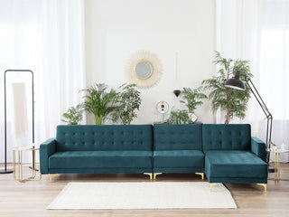 Corner Sofa Bed Teal Velvet Tufted Fabric Modern L-Shaped Modular 5 Seater Left Hand Chaise Longue Beliani