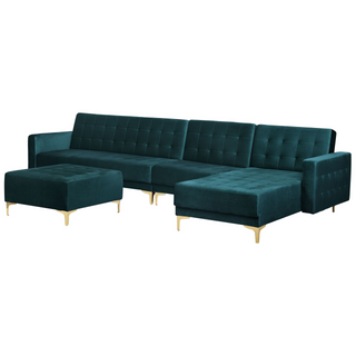 Corner Sofa Bed Teal Velvet Tufted Fabric Modern L-Shaped Modular 5 Seater with Ottoman Left Hand Chaise Longue Beliani